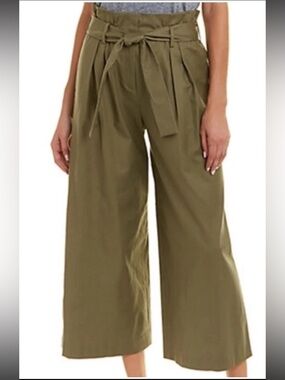 BCBGMAXAZRIA Isaac Olive Green Linen-Cotton Blend Wide Leg Cropped Pants Size L